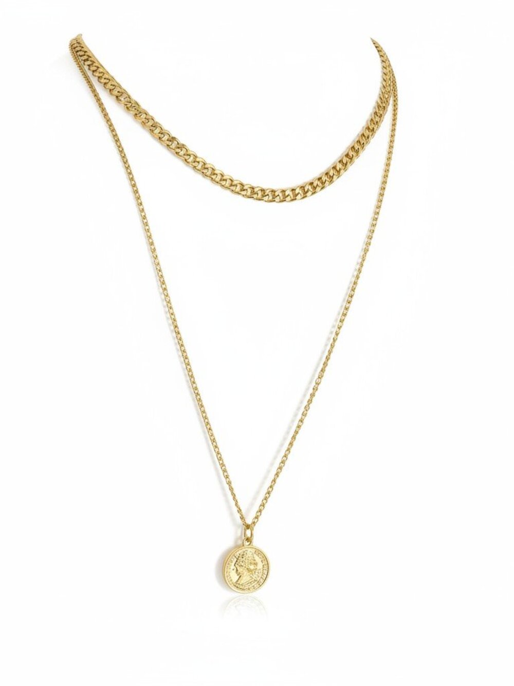 JCM Women's Brass Double Layer Chain Coin Pendant Necklace NWOT